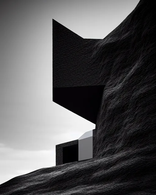 Image similar to tall black geometric house, embedded in lava cliff, full view, black house, molten metal house, minimal, rippled white landscape, dwarven architecture, light from molten iron, octane render, hyper realistic, 8 k, octane render