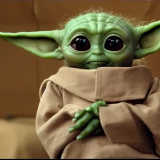 Image similar to a film still of baby yoda's son at his funeral wearing a suit in star wars realistic, detailed