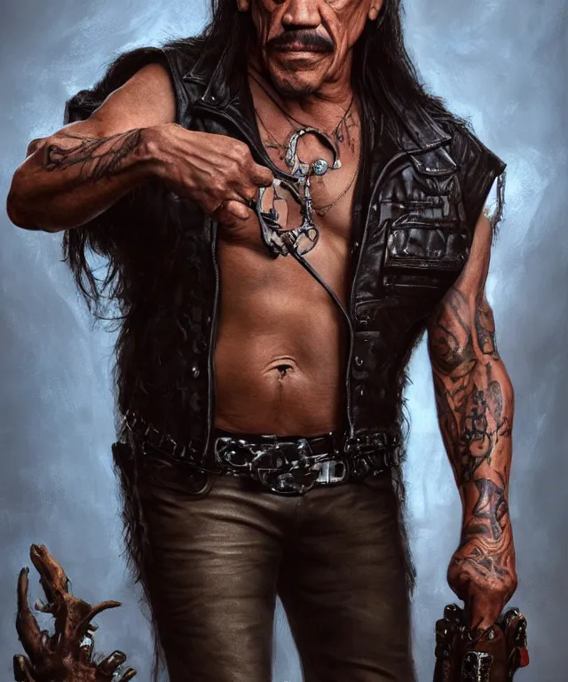 Prompt: danny trejo, cinematic, wearing a leather vest, holding a skull elegant, highly detailed, digital painting, artstation, smooth, hard focus, illustration, art by jessica rossier and and brian froud