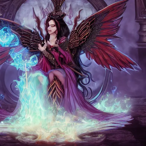 Prompt: Enchantress with flaming pheonix wings sitting on an ornate throne. Fantasy, 4k, ultra detailed, magic the gathering, Liliana vess. Dungeons and dragons.