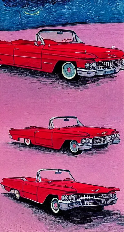 Image similar to painting of 1 9 6 3 red cadillac convertible driving down an empty highway into a pink sunset, aesthetic, minimalist, realistic, surreal, by vincent van gogh