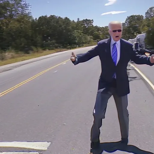 Image similar to dashcam footage of joe biden doing some crazy dance movements