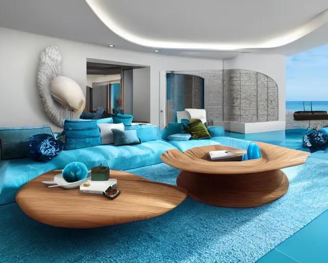 Image similar to A modern living room inspired by the ocean, a luxurious wooden coffee table with large seashells on top in the center, amazing detail, 8k resolution, blue color, calm, relaxed style, harmony, wide angle shot