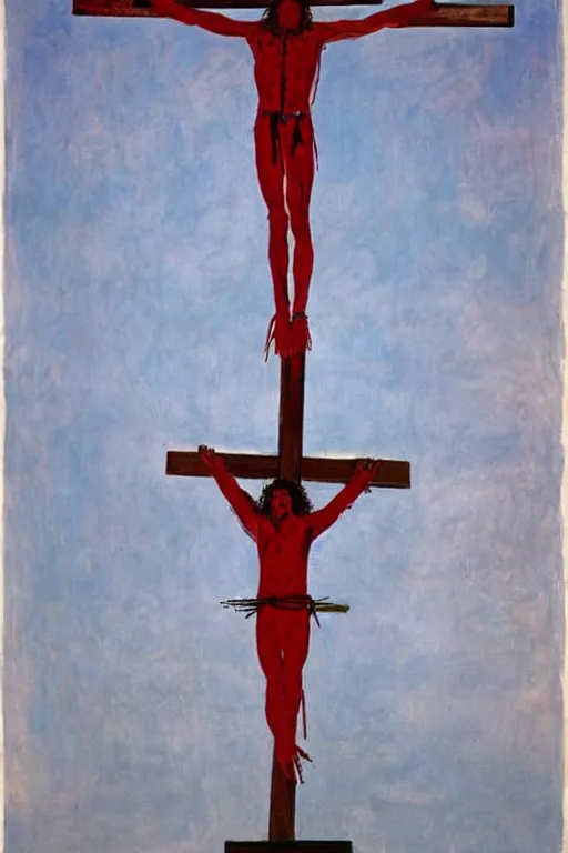 Image similar to bloody christ crucified and huge ufo of light in the sky painted by cy twombly and andy warhol