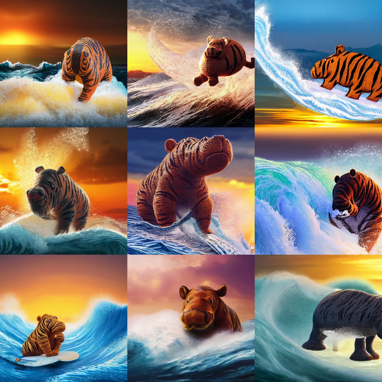 Prompt: a closeup photorealistic photo of a cute knitted tiger hippopotamus riding a massive wave during sunset. surf in the background. professional capture. brightly lit scene. this 4 k hd image is trending on artstation, featured on behance, well - rendered, extra crisp, features intricate detail, epic composition and the style of unreal engine.