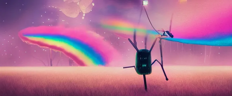 Prompt: a stick insect with glowing black patterns painted by Mike Winkelmann, fluffy clouds, pink girl, cotton candy, dreamy soft, rainbow