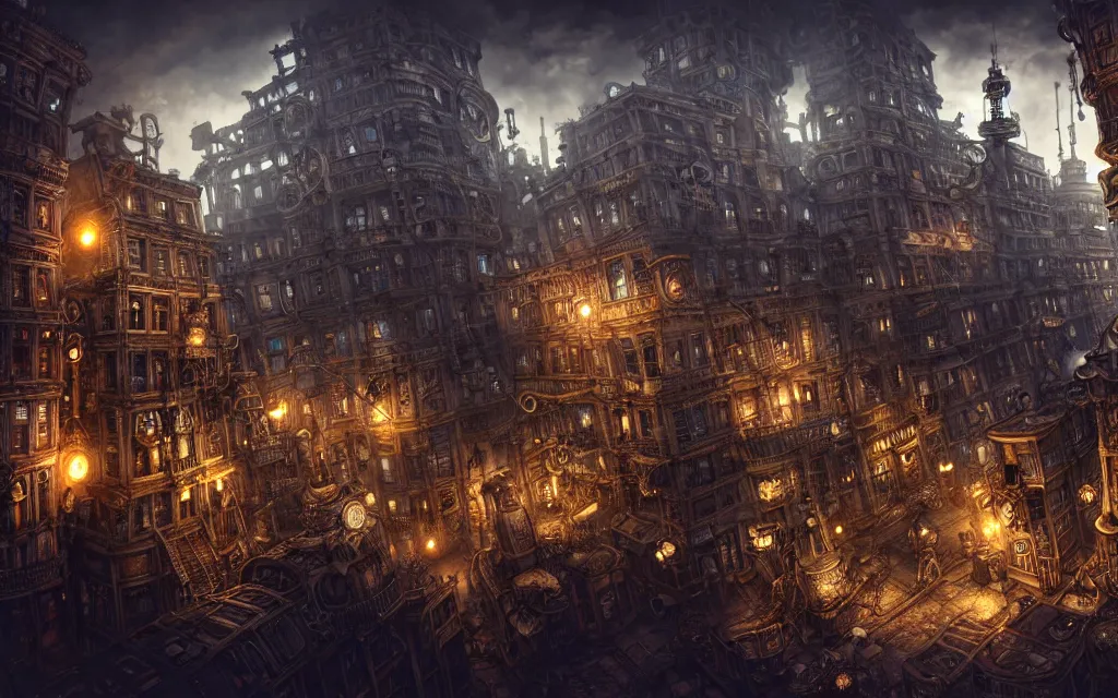 Image similar to an ultra wide angle view of a steampunk city made of clockwork, steamy, ominous, an ultrafine hyperdetailed illustration by kim jung gi, irakli nadar, intricate linework, octopath traveler, final fantasy, unreal engine 5, highly rendered, global illumination, radiant light, detailed and intricate environment