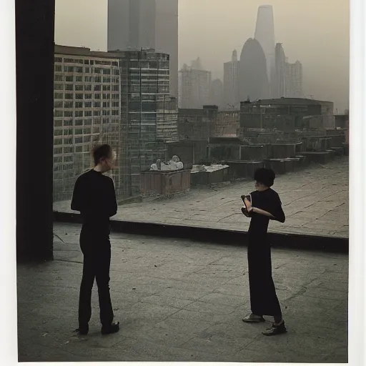 Image similar to a small rooftop with a couple of modern teenagers, standing and talking to each other, highly detailed, wearing black modern clothes, modern shanghai bund is on the background, dust, sunset, by gregory crewdson, carlos schwabe