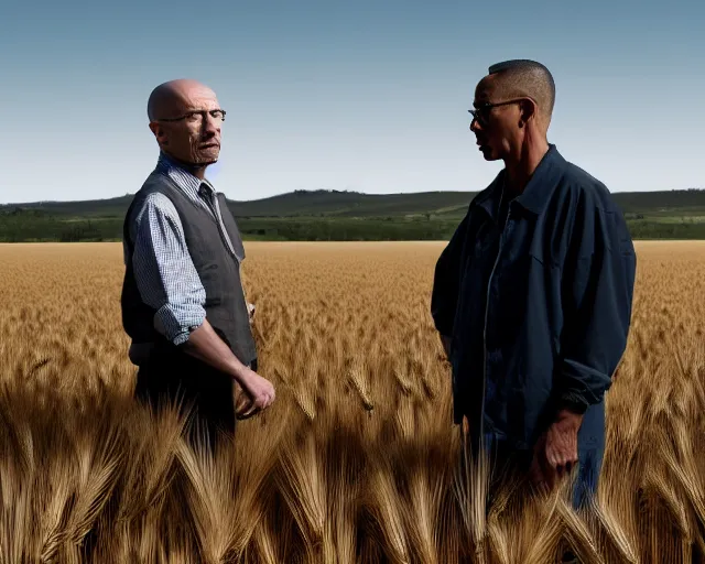 Image similar to extreme long shot of walter white and gustavo fring standing facing each other from a distance in a wheat field, low angle, side view, perfect angle, 8 5 mm photograph, 8 k resolution, wide shot, sharp lens, high detail, cinematic