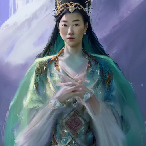 Image similar to portrait of a mongolian princess spreading its wings by greg rutkowski, she looks like an asian princess with beautiful green eyes, wearing a majestic dress, highly detailed portrait, scifi, digital painting, artstation, concept art, smooth, sharp foccus ilustration, artstation hq