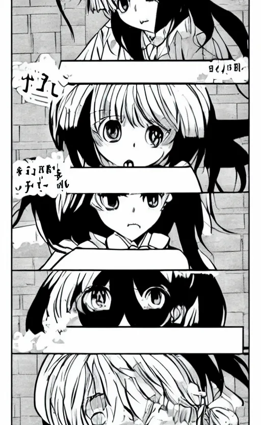 Image similar to a page of multi-panel shoujo!! ai school!! manga, black and white chibi manga!!! style, kawaii manga, japanese text kanji