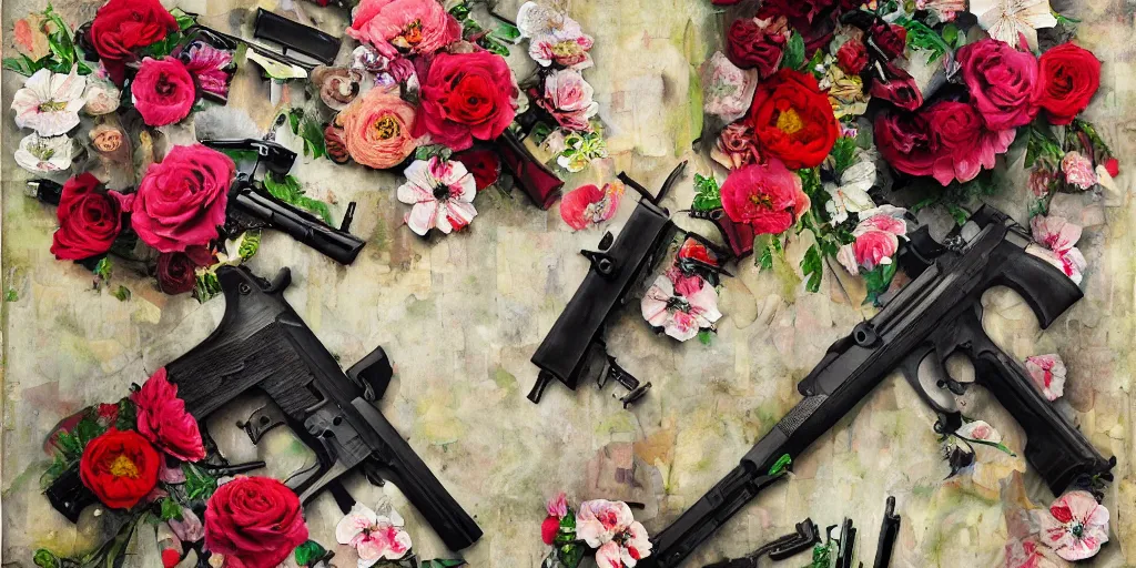 Image similar to guns and flowers, collage, acrylic on canvas, expressionism movement, ultra realistic, smooth shading, ultra detailed, high resolution, cinematic, unreal 6, breathtaking detailed, by blake neubert