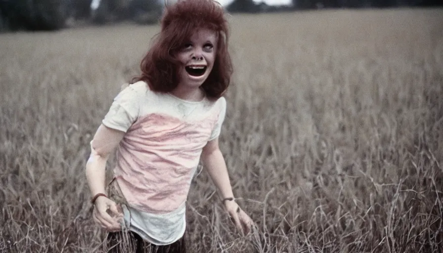 Prompt: 7 0 s film still from a horror movie about a young adult with no teeth in a field, kodachrome, cinecolor, cinestill, film grain, film texture, retro, cinematic, high resolution, photorealism,