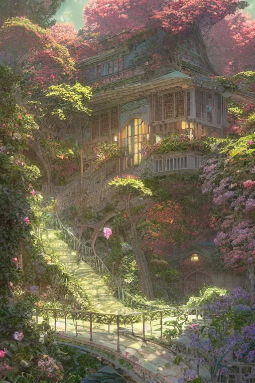 Image similar to a beautiful hyperdetailed illustration of absolutely beautiful blooming flower house alone, perfectly shaded, atmospheric lighting, style of studio ghibli, makoto shinkai, raphael lacoste, louis comfort tiffany, artgerm, james jean, ross tran, chinese style