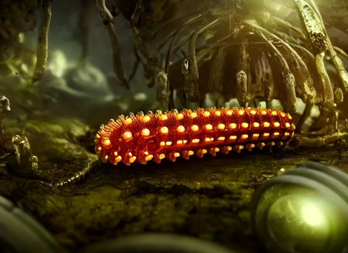 Image similar to 12mm intricate mechanical caterpillar with visible gears and electronics and optic Fibres sitting on top of a mushroom in a magical forest. Very detailed 8k. Fantasy cyberpunk horror. Sharp. Cinematic post-processing