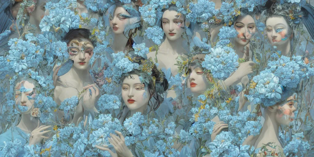 Image similar to breathtaking detailed concept art painting art deco pattern of faces goddesses amalmation light - blue flowers with anxious piercing eyes and blend of flowers and birds, by hsiao - ron cheng and john james audubon, bizarre compositions, exquisite detail, extremely moody lighting, 8 k