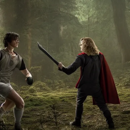 Prompt: Harry Potter fights Thor in a dark forest, 4k, highly detailed, photorealistic