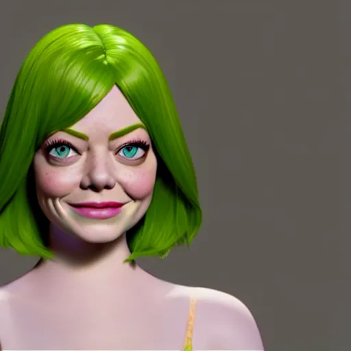 Image similar to Emma Stone as a female version of Shrek, she has shrek nose, ears features, with green skin, fully detailed, high quality , 4k , octane render , soft lightening , masterpiece