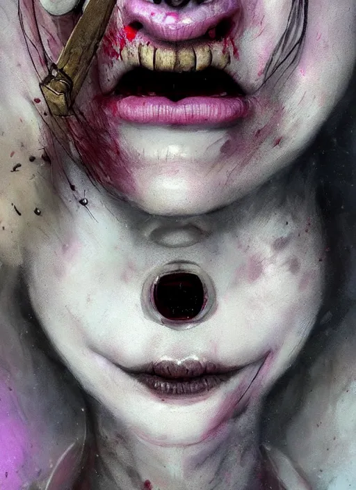 Image similar to portrait of sinister girl with pouty aerochrome lips, skeksis, unforgivable, cute bandaid on nose!!, expressive eyes, full body, deathly skin, greg rutkowski, charlie bowater, yuumei, stephen gammell, unreal 5, daz, hyperrealistic, octane render, rpg portrait, dynamic lighting, fantasy art, beautiful face