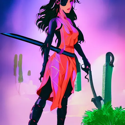 Prompt: gloomy girl in a pretty mid-length dress with a sharp katana in front of a cybercity in neon colors, plants around the katana and a snake around her shoulders, high details