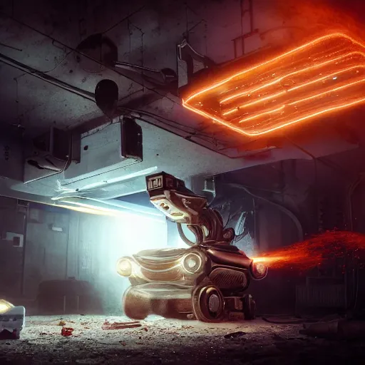 Image similar to toaster oven robot, mechanical, machine, octane render, sharp focus, hyper - realistic, intricate, detailed, eduard pronin, luka mivsek, ruan jia, dark messy smoke - filled cluttered workshop, dark, dramatic lighting, orange tint, sparks, cinematic, highly detailed, sci - fi, futuristic, movie still