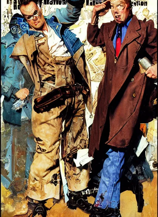 Image similar to full body and head portrait of huge markus ruhl in tattered suit and trench coat, dynamic action, painted by norman rockwell and phil hale and greg staples and tom lovell and frank schoonover and jack kirby