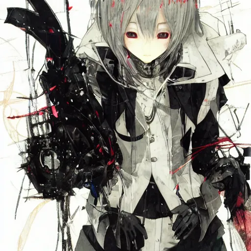 Prompt: cute japanese girl with small horns, sharp and pointy vampire teeth, dressed in an old white coat, praying on the floor of a destroyed church, with her eyes and mouth closed and an evil smile, full body, beautiful artwork by Yoji Shinkawa