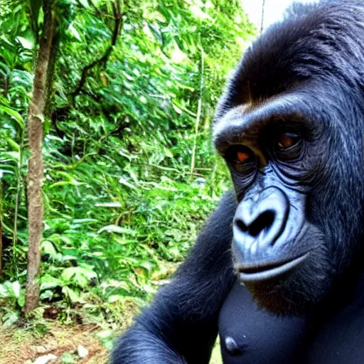 Prompt: pov of a silverback gorilla who needs to teach his confused son about the jungle