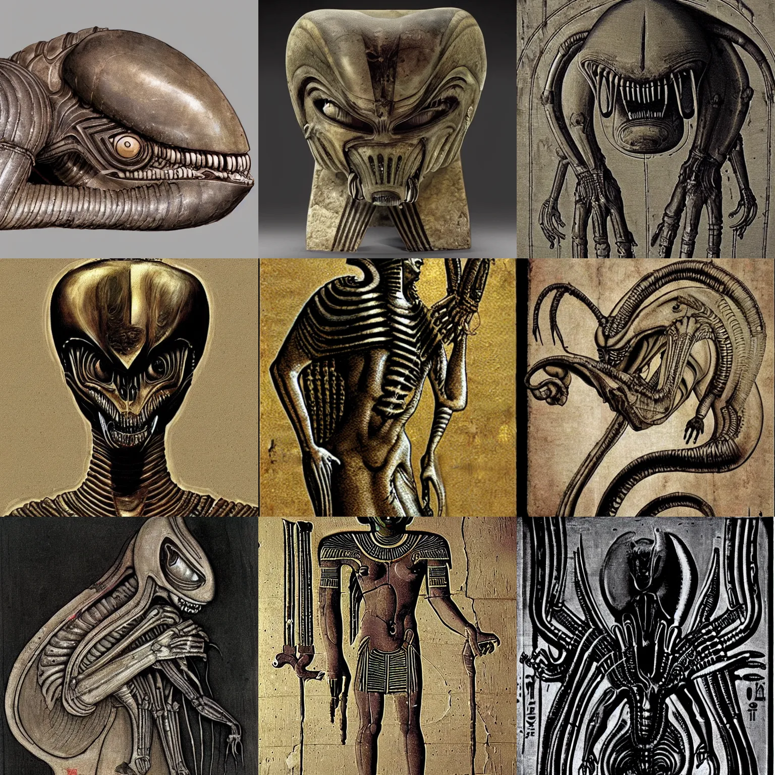 Image similar to ancient egyptian art of xenomorph giger alien from movie alien