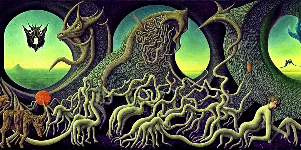 Image similar to mythical creatures and monsters in the imaginal realm of the collective unconscious, in a dark surreal painting by johfra, mc escher and ronny khalil
