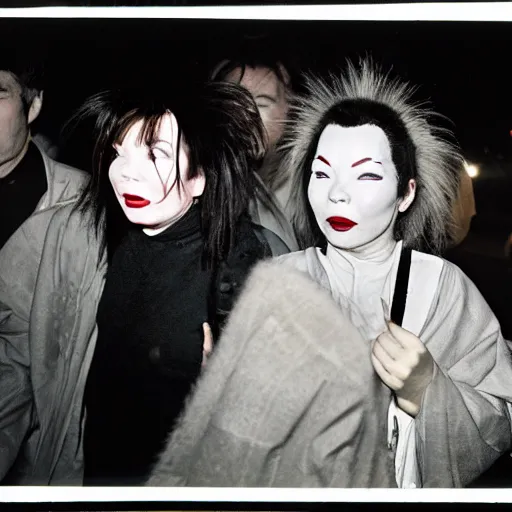 Prompt: Street photography, Bjork, a close up of several people leaving a seedy nightclub at 5am, they are smoking, someone is screaming, Kabuki makeup, Kodachrome