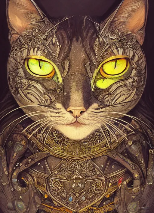 Image similar to geometric cat portrait, identical eyes, medium shot, fantasy, illustration, detailed line work, symmetrical, acid vintage color palette, artstation, hyper detailed, cinematic lighting, incredibly detailed and intricate, ornate, by peter mohrbacher