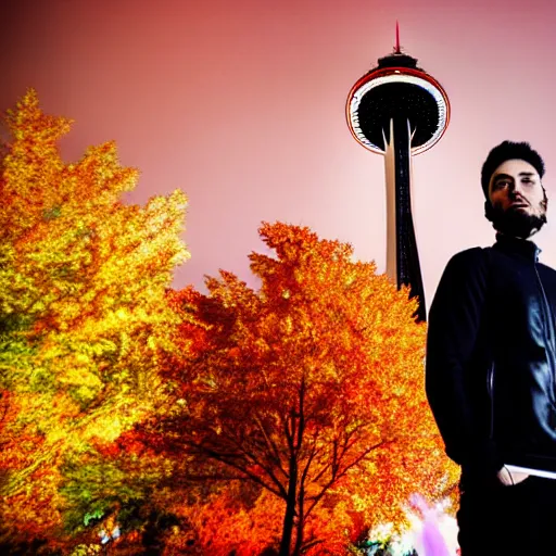 Prompt: man with mars for head in front of Toronto space needle, dramatic epic cinematic lighting, maple leaves and daggers background