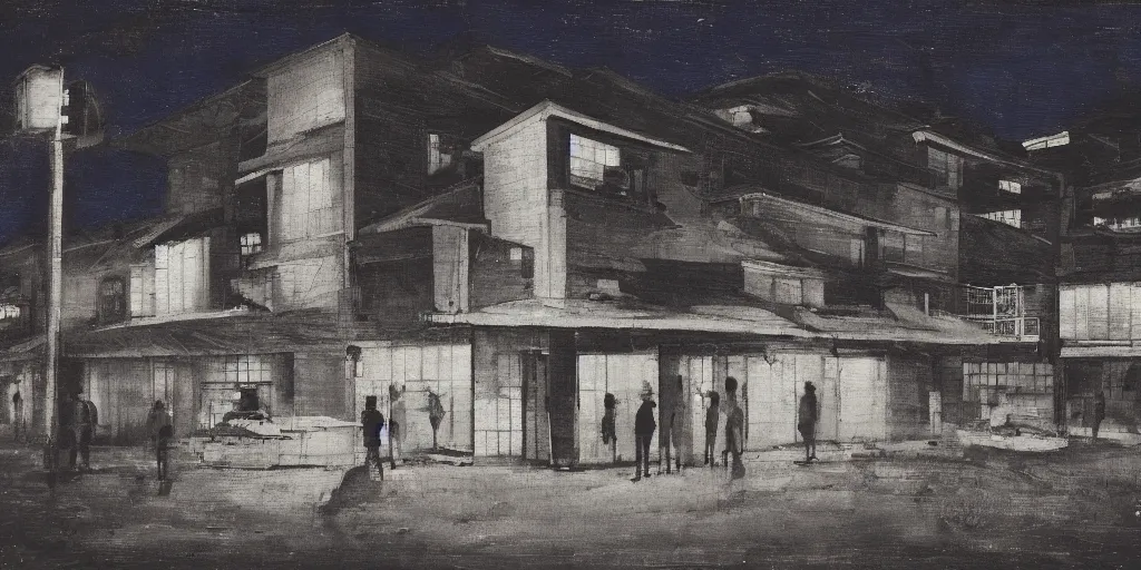 Prompt: people stanting in front of an abandoned place at night, by keita morimoto