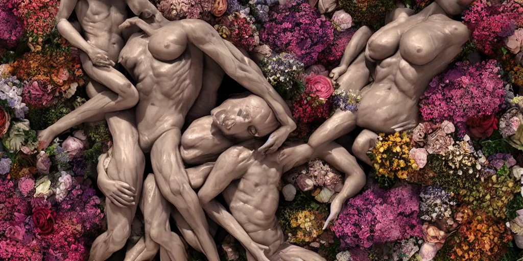 Image similar to a sculpture of human bodies intertwined, a lovely cornucopia of flowers and human body parts, body parts, highly detailed, octane render, cinematic ， - h 7 6 8