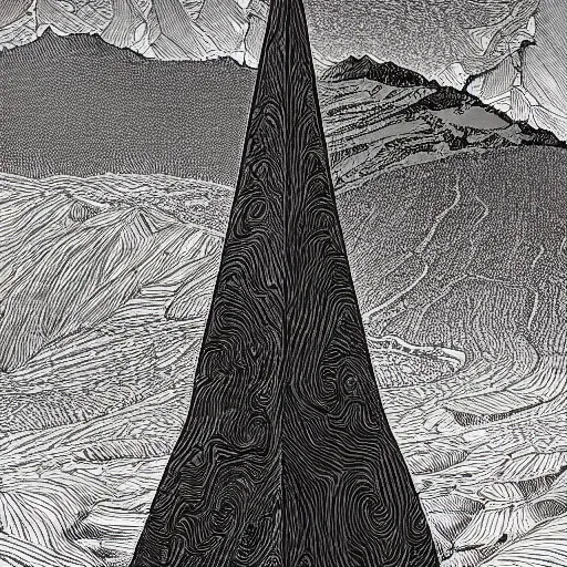 Image similar to dark obelisk on a beautiful valley at the dawn, intricate patterns, painted by Moebius and Tsutomu Nihei