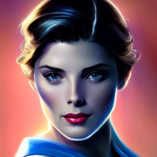 Image similar to Ashley Greene's face combined with Grace Kelly's face with short dark blue hair as She-Ra, western, D&D, fantasy, intricate, elegant, highly detailed, digital painting, artstation, concept art, matte, sharp focus, illustration, art by Artgerm and Greg Rutkowski and Alphonse Mucha