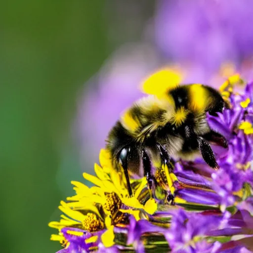 Image similar to a bumblebee with floral anatomy sits on a finger, 5 0 mm lens, f 1. 4, sharp focus, ethereal, emotionally evoking, head in focus, volumetric lighting, blur dreamy outdoor