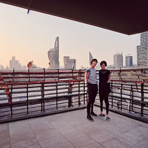 Prompt: a small rooftop with a couple of modern teenagers, standing and talking to each other, wearing black modern clothes, modern shanghai bund is on the background, sunset, by gregory crewdson, by hajime sorayama