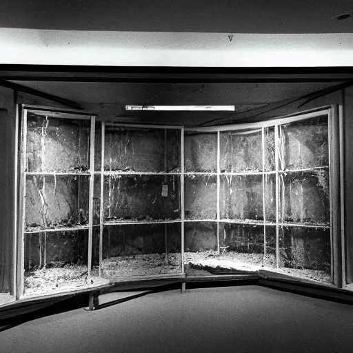 Image similar to spooky creepy liminal space, display case, aquatic exhibition science museum, dusty dried cracked aquarium, computer screens, photo taken on fujifilm superia