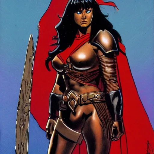 Prompt: a muscular bronze - skinned black - haired woman warrior wearing xena armor and a red cape, on a hostile planet, highly detailed, ron cobb, moebius, heavy metal magazine, mike mignola, trending on art station, illustration, comic book