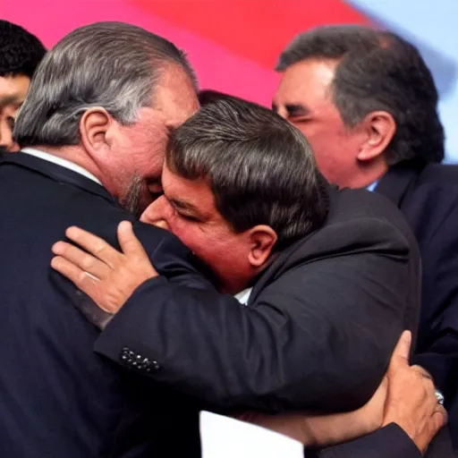 Image similar to Jair Bolsonaro hugging Luis Inacio Lula da Silva.