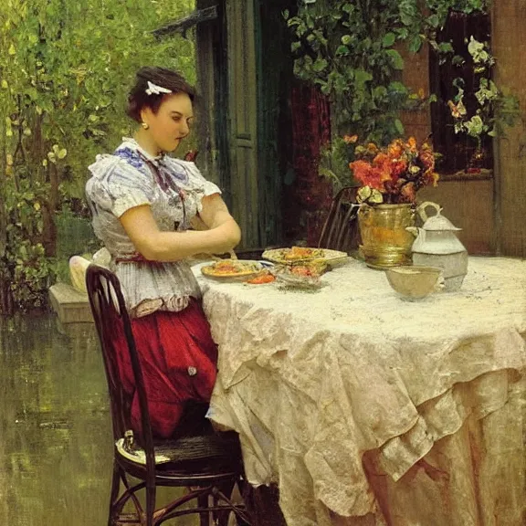 Prompt: a gorgeous housewife putting dishes on a table in the backyard, the table has a parasol, rainy scene, 1 9 5 0's, medium symmetry, by ilya repin, extreme detail, 8 k, intricate abstract, photorealistic