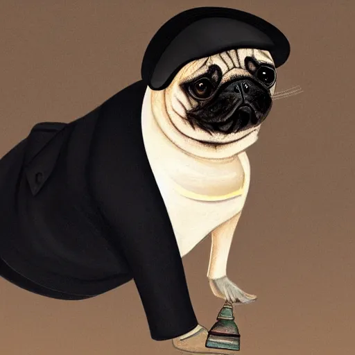 Image similar to a gentleman pug wearing a black jacket and a cap, art station