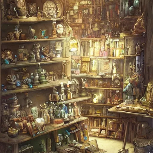 Image similar to Anthropomorphized parrot trader in his shop, art by Akihiko Yoshida and Greg Rutkowski, shelves full, selling a gem, portrait, items, magic potions, weapons, arcana, carpet, window, fancy funny hat, sly expression , cunning expression, cute expression, presenting magic gem, D&D, fantasy, cinematic lighting, highly detailed, digital painting, artstation, concept art, smooth, sharp focus, illustration, warm light, cozy warm tint, magic the gathering artwork, volumetric lighting, 8k, no gold, no gold colours