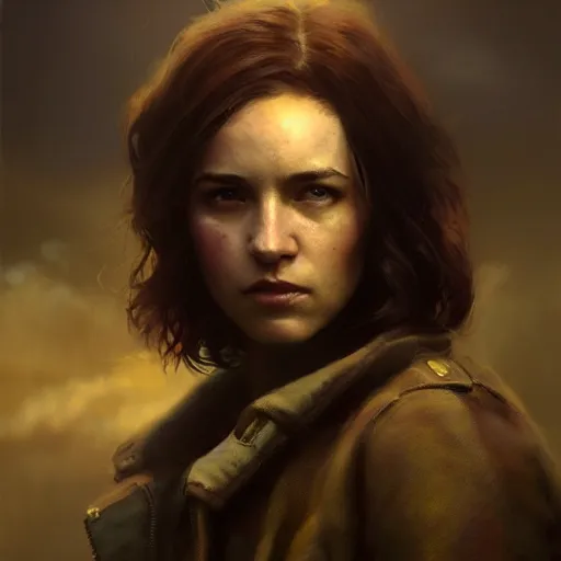 Prompt: fallout 5, charismatic brunette female protagonist, portrait, atmospheric lighting, painted, intricate, volumetric lighting, beautiful, daytime, sunny weather, slight overcast, sharp focus, deep colours, ultra detailed, by leesha hannigan, ross tran, thierry doizon, kai carpenter, ignacio fernandez rios