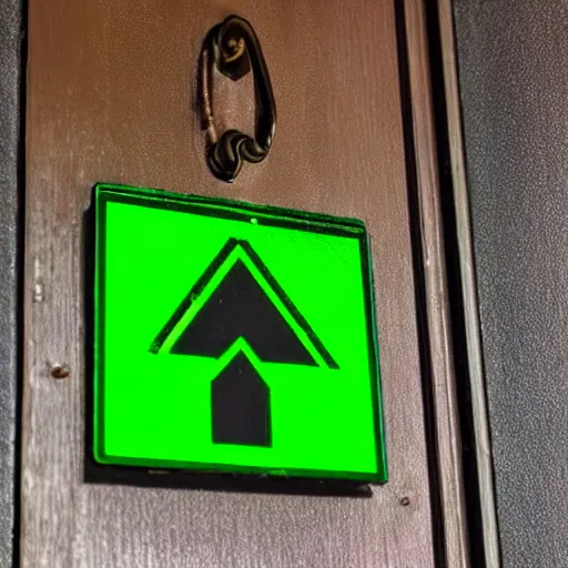 Image similar to a door with a hazardous green glow behind it. there is a sign above the door saying, caution do not enter