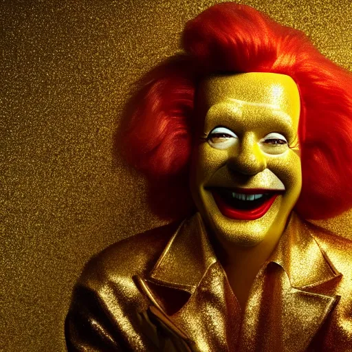 Image similar to extremely detailed studio portrait of ronald mcdonald surrended by gold, soft light, golden glow, award winning photo, 4 k