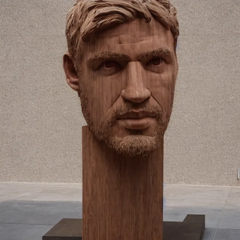 Image similar to monumental sculpture geometric minimalist!!! accurate portrait of chris hemsworth, beautiful symmetrical!! face accurate face detailed face realistic proportions, hand - carved out of red oak wood on a pedestal by stephan balkenhol and martin puryear, cinematic lighting shocking detail 8 k