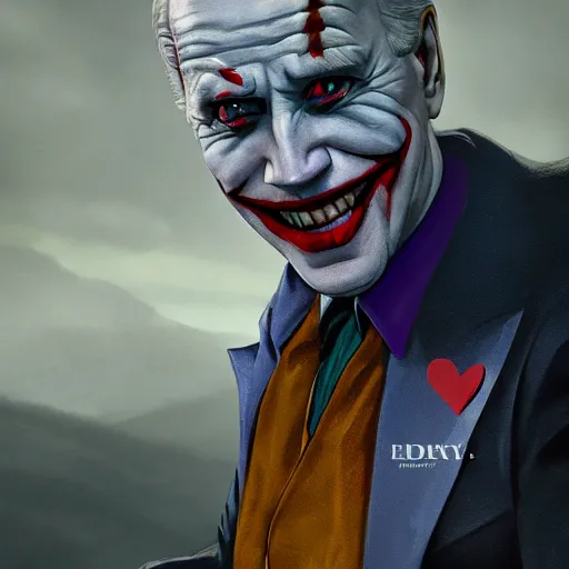 Image similar to Joe Biden as he joker , beautiful landscape, dramatic lighting, cinematic, establishing shot, extremly high detail, photorealistic, cinematic lighting, post processed, concept art, artstation, matte painting, style by greg rutkowsky